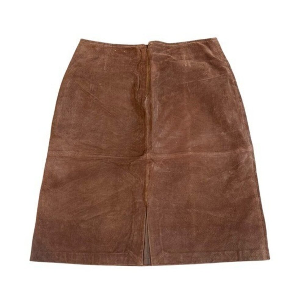 St John's Bay Women's 12 Suede Pencil Skirt Leather Knee Length Vintage Camel - Picture 2 of 6